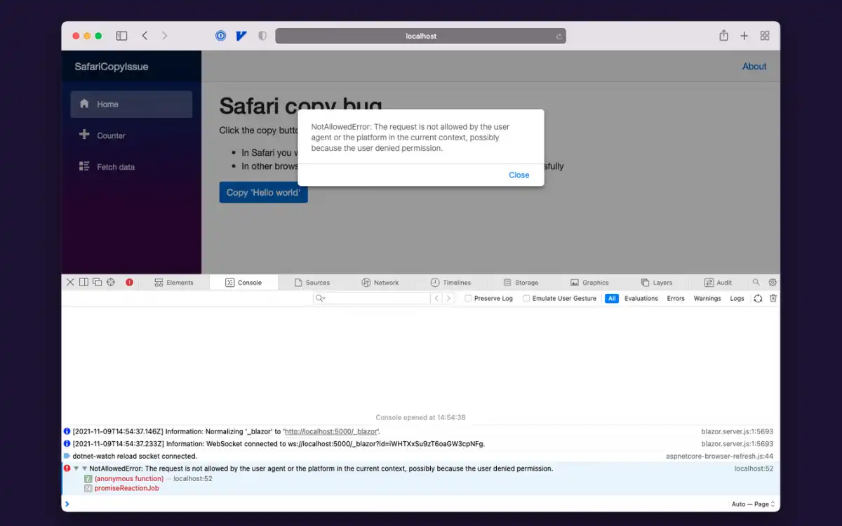How to fix the navigator.clipboard.writetext not working?